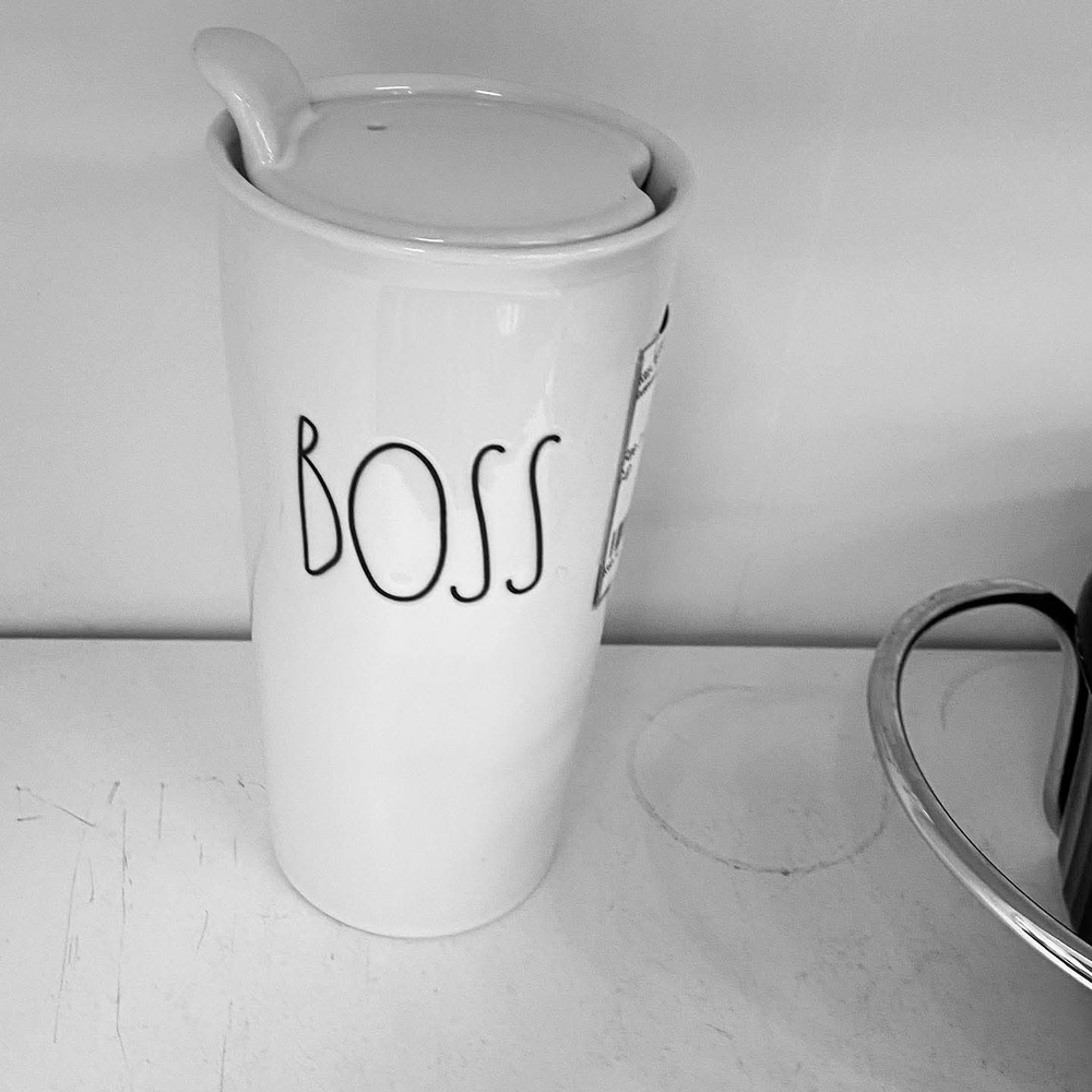 Rae Dunn Tall Ceramic Coffee Travel Mug Tumbler with Lid "BOSS" - Picture 2 of 5